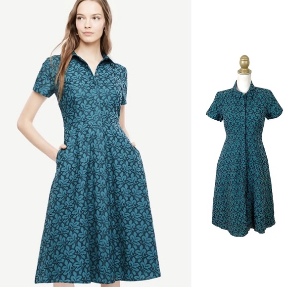 Ann Taylor Dresses & Skirts - Ann Taylor Floral Eyelet Deep Teal Iris Flare Shirt Dress